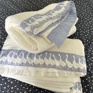 2 Vintage Wool/Acrylic Blankets With Satin Duck Dot Trim White 82” X 70”  Soft